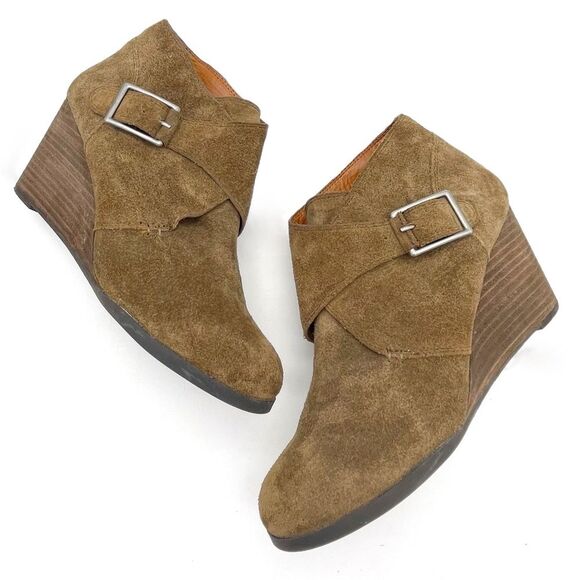 Lucky Brand Sumarah Cognac Brown Suede Buckled Monk Strap Wedge Bootie Size 8 - Picture 4 of 16